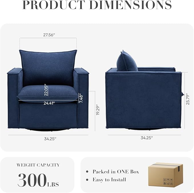 COLAMY Swivel Accent Chair, 34 Inches Wide Upholstered Arm Chair with Plump Back Pillow, Modern Sofa Living Room Chair for Bedroom, Corner, Reading Nook-Blue
