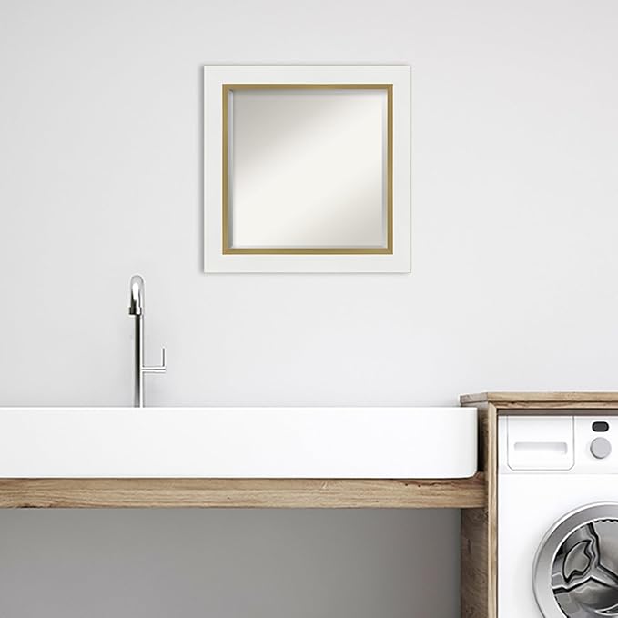Amanti Art White Bathroom Mirror for Over Sink, 25x25 Eva White Gold Square Vanity Mirror, Medium Modern Frame, Hangs Horizonally and Vertically, Bathroom Wall Decor, Beveled Edge from WI, USA