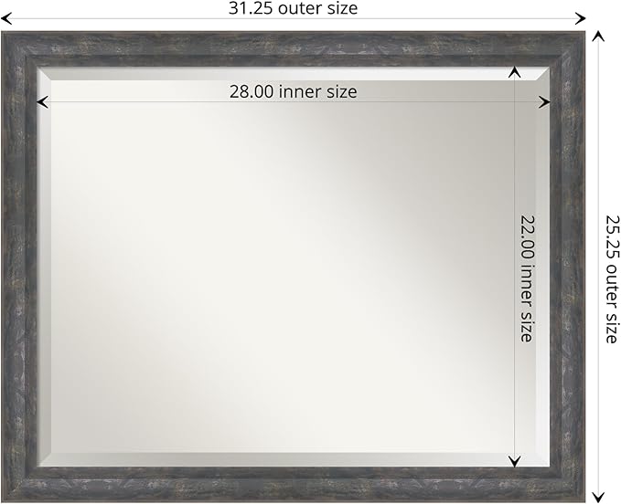 Amanti Art Grey Wall Mirror 25x31 Angled Metallic Rainbow Rectangle Bathroom Mirror for Wall Decor Living Room, Large Modern Contemporary Wood Frame, Hangs Horizonally and Vertically, Bathroom Decor