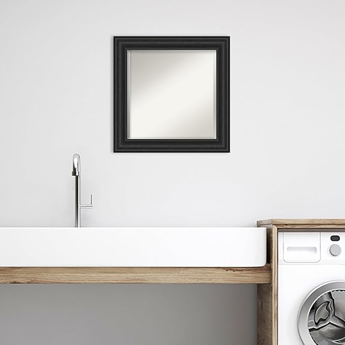 Amanti Art Black Bathroom Mirror for Over Sink, 26x26 Shipwreck Black Square Vanity Mirror, Medium Country Rustic Frame, Hangs Horizonally and Vertically, Bathroom Wall Decor, Beveled Edge