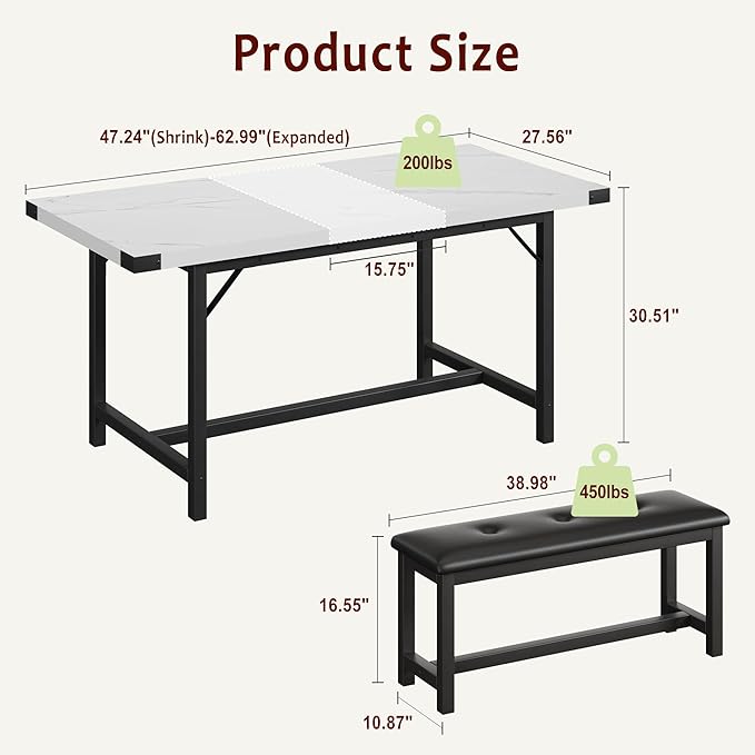 3-Piece Dining Table Set for 4-6 People, Extendable Kitchen Table Set with 2 Upholstered Benches, Dining Room Table Set for Apartment, Kitchen, Living Room, Marble White