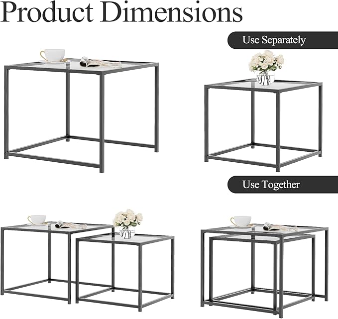 Garden 4 you Coffee Table Set of 2, Modern Glass Nesting Table, Metal Frame Square Center Table Set, Side Tables, Nesting Coffee Table for Living Room, Bedroom and Small Spaces, 23.6in Grey