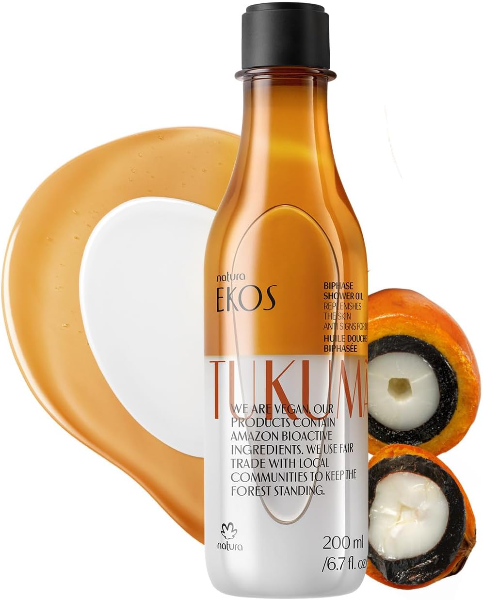 natura - Ekos Tukumã Biphase Shower Oil - Replenishing In-Shower or Bath Body Oil - Anti-Signs - Scented - Bath Oil - Skin Moisturizer - Vegan Skin Care - Brazilian Beauty Secrets - 6.7 fl oz (200ml)
