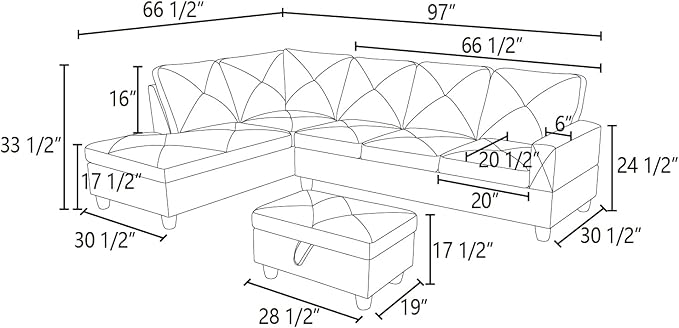 L Shaped Sectional Sofa with Ottoman, Leather Right Facing Modern Couches for Living Room, Bedroom, Office