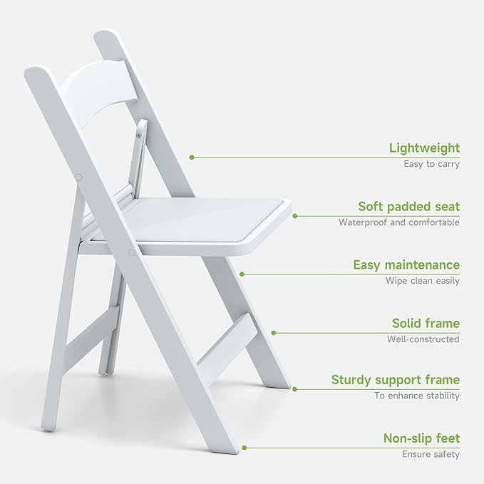 Real Relax Resin Folding Chairs, 4 Sets, White Patio Chairs with PVC Padded Seats 330LB Capacity for Camping, Banquets, Weddings, Church and Events