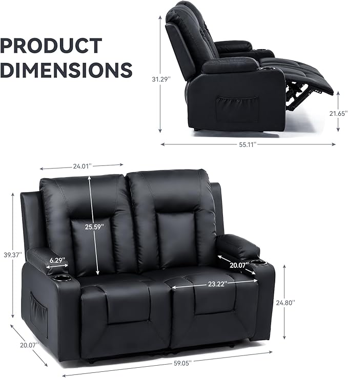 COMHOMA Living Room Furniture Set,Bonded Leather Loveseat Sofa with Massage,Cup Holder Recliner Chair,2+1,Black