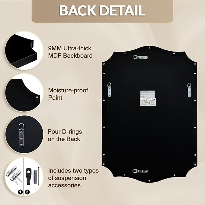 Black Scalloped Vanity Mirror, Matte Black Bathroom Mirrors, Metal Framed Black Wall Mirror, 22x30 Irregular Shaped Mirror, Rectangle Wavy Wall Mirror, Mounted Vertically or Horizontally