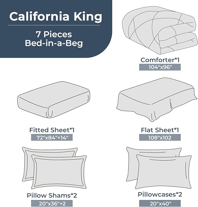 HEVUMYI Light Blue Cali-King Comforter Set - 7-Piece All Season Bed in a Bag Cali-King, Ultra Soft Bedding Set with Comforter, Flat Sheet, Fitted Sheet, Pillowcases, Pillow Shams
