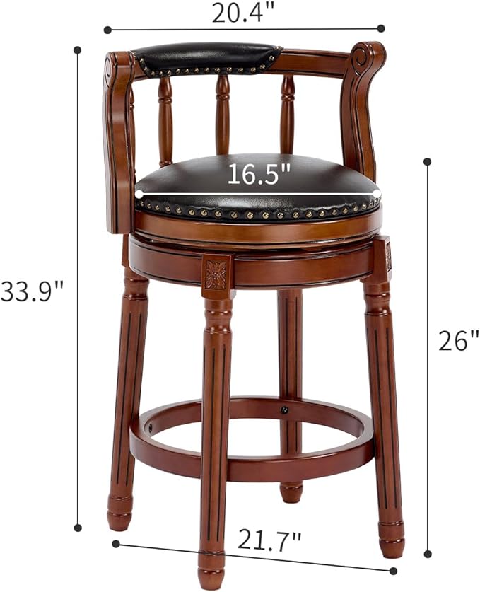 Cow top Leather Wooden Bar Stools, 360 Degree Swivel Bar Height Chair with Backs for Home Kitchen Counter, Morden Chair Barstools (Black-2pc, Counter Height-Seat Height 26”)
