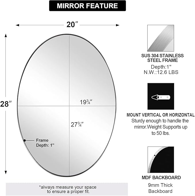 ANDY STAR Chrome Bathroom Mirror, Oval Chrome Mirror for Bathroom 20x28 Inch, Polished Chrome Anti-Rust Stainless Steel Metal Frame for Bathroom
