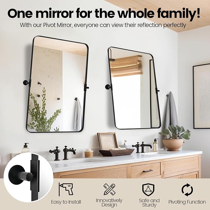 MOON MIRROR Matte Black Pivot Mirror for Bathroom, Tilt Rounded Rectangle for Vanity, Overall 28.33x 32 in (Mirror 24x32 in)