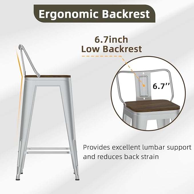 24 Inch Swivel Bar Stools Set of 4, Counter Height Bar Stools with Low Back, Metal Industrial Bar Chairs for Kitchen Island (Silver)