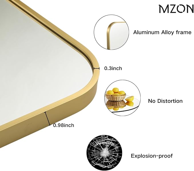 MZON 16x20 Inch Brushed Gold Vanity Mirror, Rectangle Bathroom Mirrors for Over Sink, Anti-Rust Frame & Tempered Glass, Hangs Horizontally/Vertically - Ideal for Small Bathroom or Powder Room