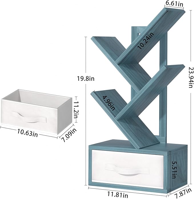 Small Book Shelf with Drawer,4 Tier Black Tree Bookshelf,Blue Desktop Bookcase,Modern Desk Display Storage Bookshelves,Floor Standing Organizer Bookcases for Living Room,Bedroom,Office