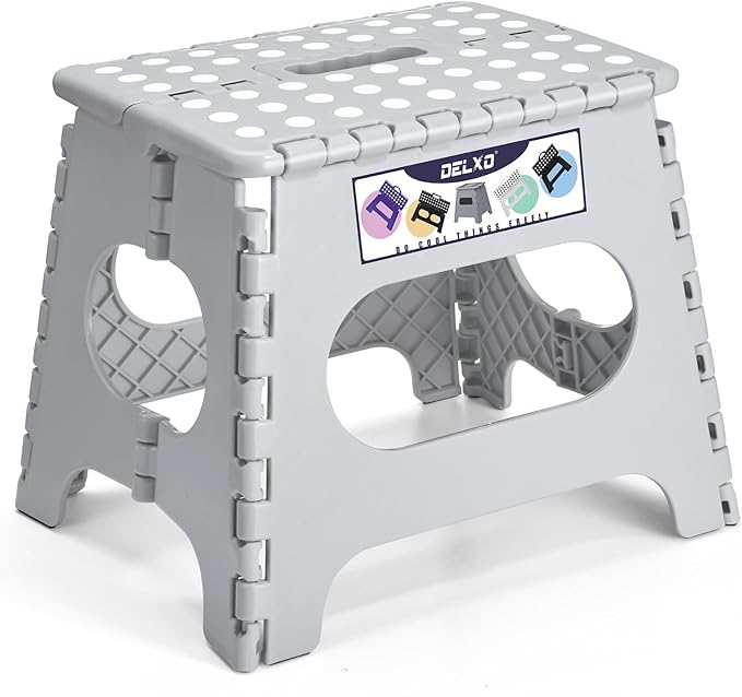 Delxo Folding Step Stool, 11 inch Non-Slip Foldable Stools Up to 300 LBS, Step Stool with Handle, Lightweight for Kitchen, Bathroom, Bedroom, Garden, Grey, 1PC