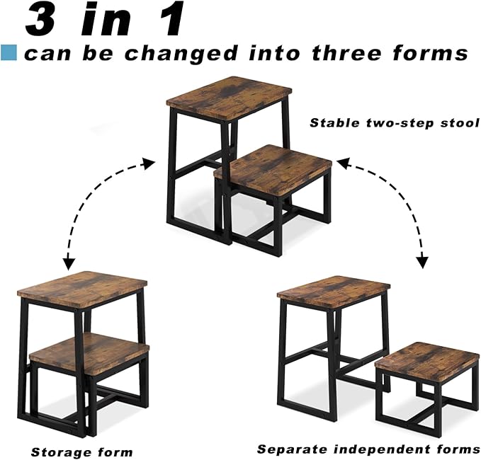 Step Stool for Adults & Kids,Holds up to 500Lb,3 in1 Heavy Duty Sturdy Wooden 2 Stepstool for Kichen/Bathroom/High beds, Metal Frame, Non-Slip Pads