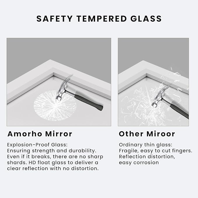 Amorho Bathroom Mirror, 60 X30 Inch White Thick Metal Framed Wall Mirrors for Over 2 Sinks, Bedroom, Living Room, Entryway, Large Rectangle Wall-Mounted Mirrors.
