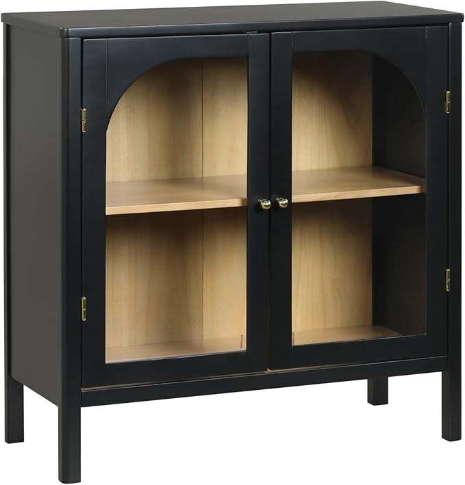Nathan James Mason Storage Cabinet Accent Sideboard Buffet Credenza TV Stand with Glass Doors and Adjustable Shelf in Black Wood for Dining Room, Entryway and Living Room, Clear Glass/Black, Set of 3