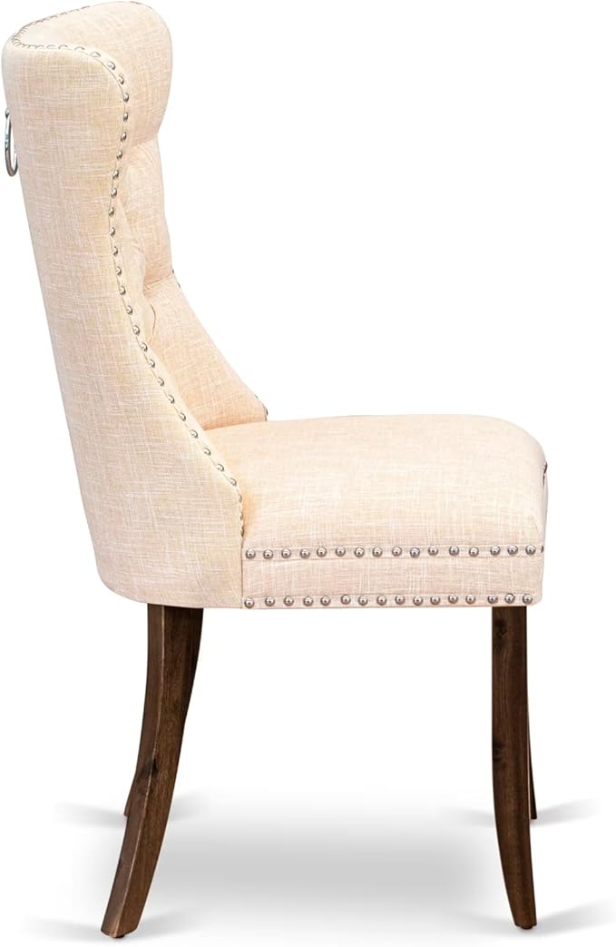 LEDA9-AWA-32 9 Pieces Dining Table Set Includes a Rectangle Table and 8 Light Beige Polyester Fabric Dining Chairs, Antique Walnut