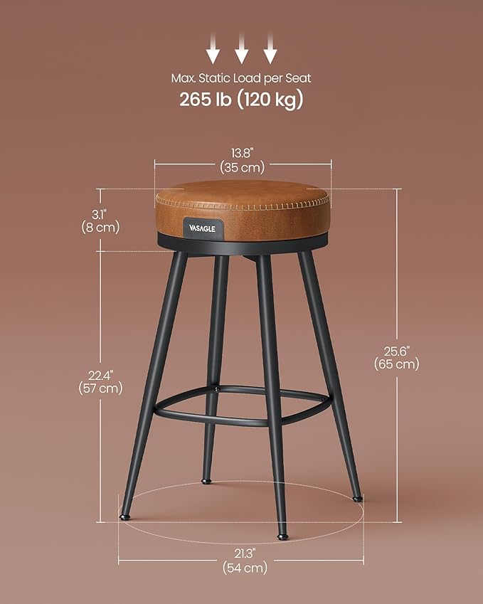 VASAGLE EKHO Collection - Swivel Bar Stools Set of 2, Counter Height Backless Bar Stools, Synthetic Leather with Stitching, Mid-Century Modern, 25.6-Inch Tall Kitchen Barstools for Home, Caramel Brown