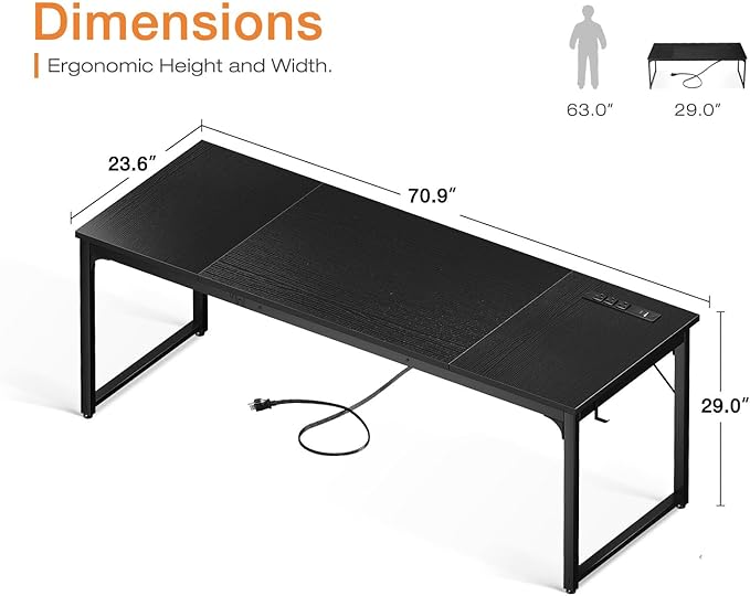 Coleshome 71 Inch Computer Desk with USB Ports, Large Office Desk, Long Study Student Writing Desk, Black