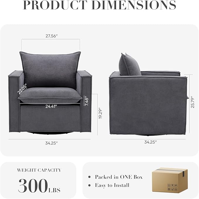 Swivel Accent Chair Set of 2, 34 Inches Wide Upholstered Arm Chair with Plump Back Pillow, Modern Sofa Living Room Chair for Bedroom, Corner, Reading Nook-Grey