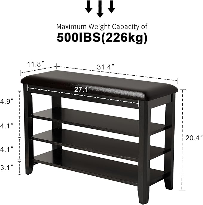 Shoe Bench with Leather Cushion, 3 Tiers Shoe Storage Bench Height Adjustable, Walnut Wood Entryway Bench for Hallway, Mudroom