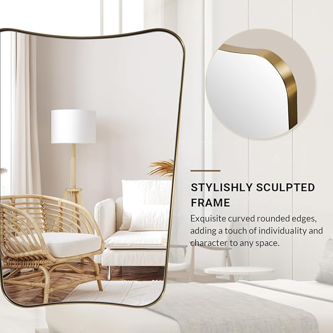 ANDY STAR Gold Vanity Mirror, 26x38 Inch Brushed Gold Asymmetrical Wall Mirror, Antique Brass Bathroom Mirror in Anti-Rust Stainless Steel Metal Frame, Large Decorative Mirror, Butterfly Shape