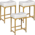 White & Gold Counter Height Bar Stools Set of 3, 24" Bar Stools for Kitchen Island, Modern Counter Stool Set of 3 Backless Saddle Barstools for Kitchen Dining Room White Gold