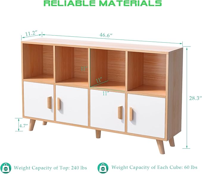 Cubby Shelf Bookcase with Doors - Wooden 8 Cube Floor Standing Open Bookshelf with Solid Wood Legs, 2-Tier Low Storage Cabinet, Oak and Warm White