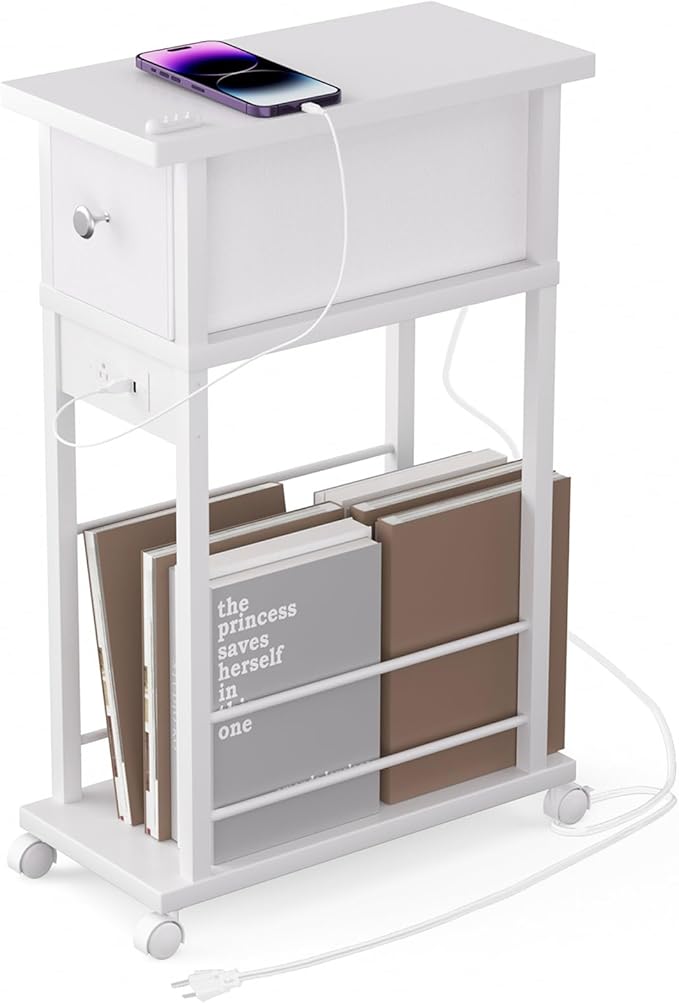 Side Table with Charging Station and Drawer, Narrow End Table with USB Ports and Outlets for Small Space, Living Room, Bedroom and Office, with 4 Wheels (1, White)