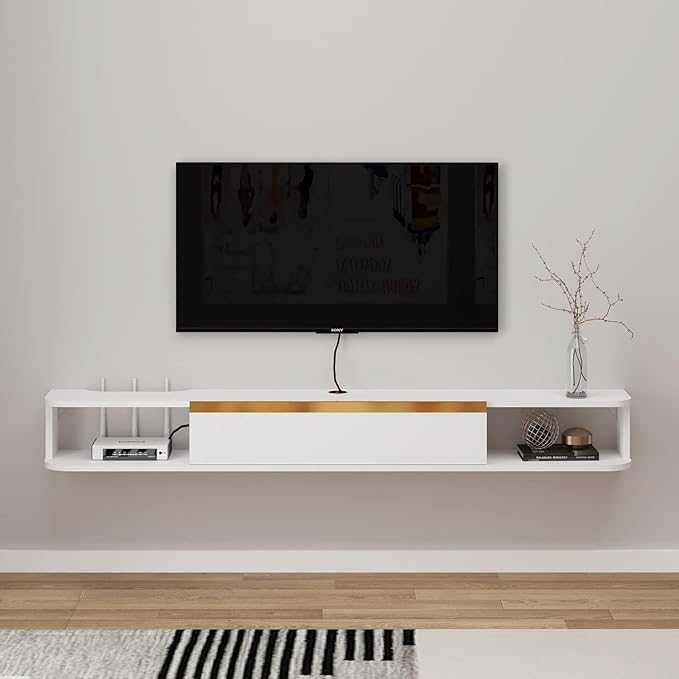 Floating TV Stand, 71'' Wall Mounted Entertainment Center TV Media Console, Floating Shelves with Door, Floating TV Cabinet Large Storage TV Bench for Living Room (White, 70.86IN)