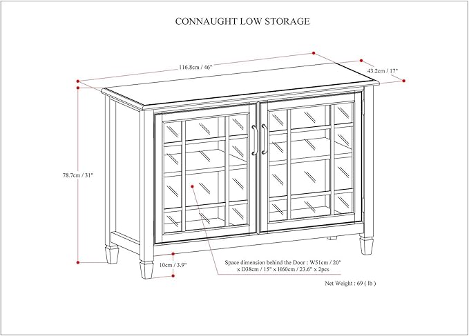 SIMPLIHOME Connaught SOLID WOOD 46 inch Wide Traditional Low Storage Cabinet in Dark Chestnut Brown for the Living Room, Entryway and Family Room
