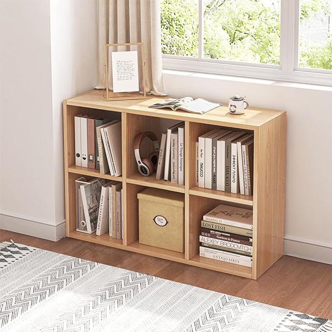 6 Cube Organizer Bookcase - Fabric Storage Bins Container, Open Shelf Simple Compartments Bookshelf, Oak