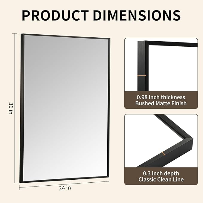 Matte Black Mirror, 24x36 Inch Aluminum Framed Rectangle Mirror, Anti-Rust, Tempered Glass, Square Corner Wall Mirror for Over Sink, Vanity, Bedroom, Entryway, Horizontal/Vertical