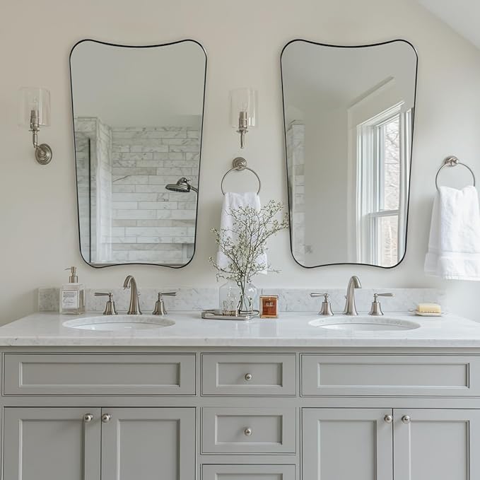 ANDY STAR Brushed Nickel Mirror 24x40 Inch, Silver Irregular Bathroom Mirror, Large Decorative Mirror in Anti-Rust Stainless Steel Metal Frame Deep 1’’, Ideal for Home Decor