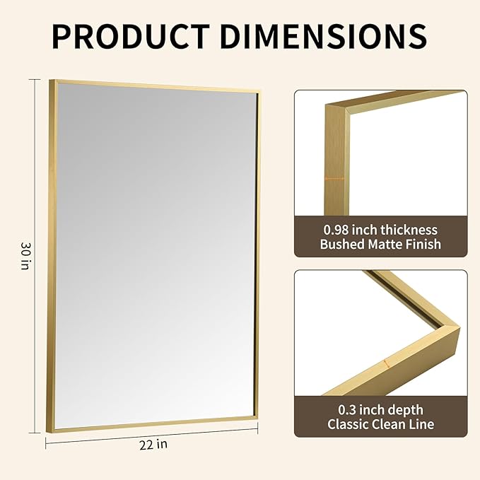 Brushed Gold Mirror, 22x30 Inch Aluminum Framed Rectangle Mirror, Anti-Rust, Tempered Glass, Square Corner Wall Mirror for Over Sink, Vanity, Bedroom, Entryway, Horizontal/Vertical