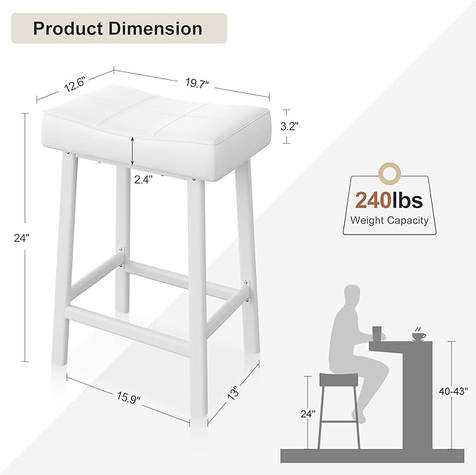 GarveeHome Counter Height Bar Stools Set of 4, 24 Inch Barstools for Kitchen Island Counter, Upholstered Padded Saddle Chairs with Cushion, Easy Assembly, White