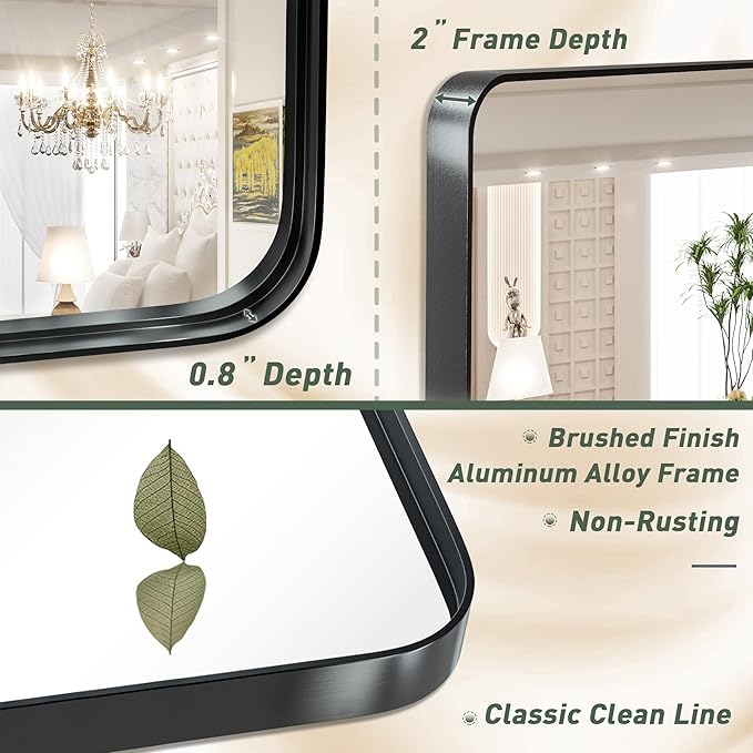 TokeShimi Black Bathroom Mirror for Wall Vanity Mirror with Non-Rusting Aluminum Alloy Brushed Matte Metal Frame for Modern Minimalist Farmhouse Home Decor (Horizontal/Vertical) (55x 36 Inch)