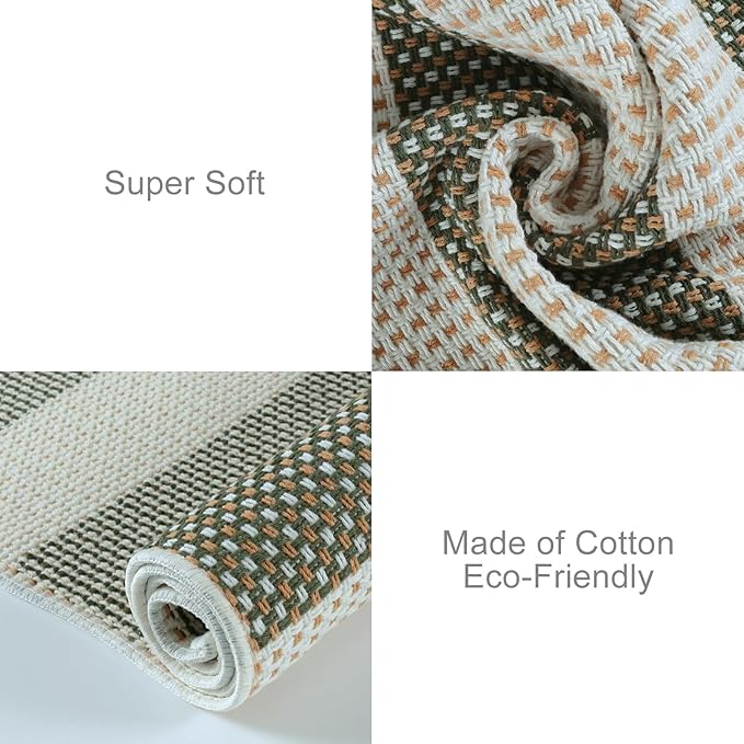 OJIA Striped Rug 24"x51" Washable Fall Front Door Mat Halloween Doormat Woven Entry Rug Cotton Indoor Outdoor Rug Small Checkered Rugs for Porch Kitchen Entryway Patio Bathroom (Green/White/Tan)