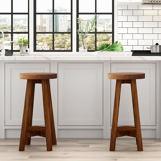 Bar Stool with Round Seat for Kitchen Island Counter, Solid Teak Wood Barstool in Espresso Finish, Home Bar Furniture, 29-Inch Height