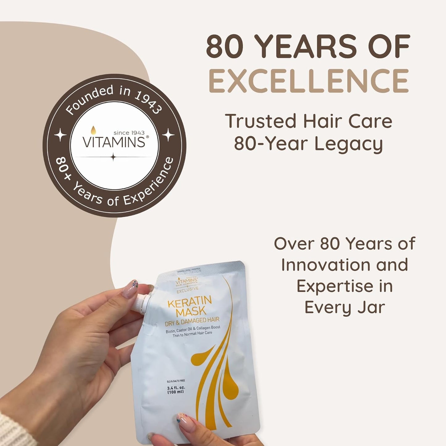 VITAMINS hair cosmetics Keratin Hair Mask - Protein Repair Keratin Treatment - Deep Conditioner for Dry, Damaged, Curly, Straight & Frizzy Hair with Biotin, Collagen & Castor Oil - 3.4 Fl Oz