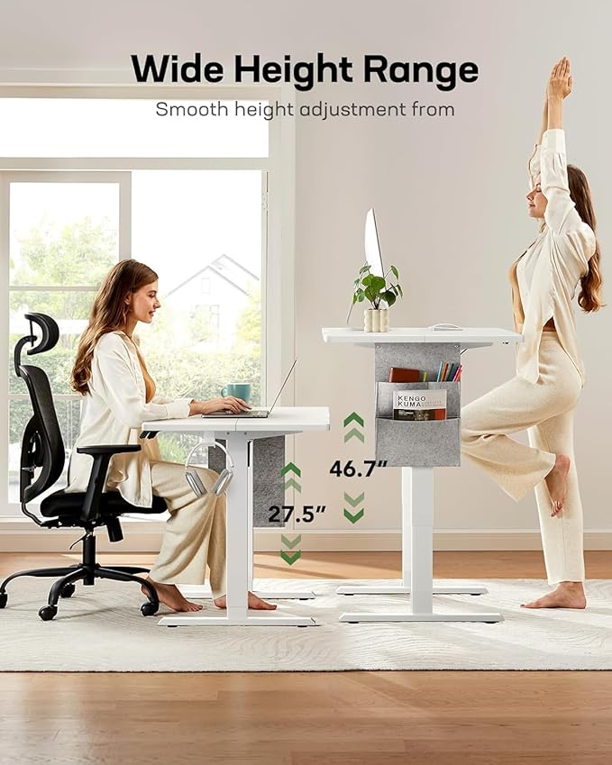 HUANUO Electric Standing Desk, 63 x 24 Inch Height Adjustable Computer Desk with Storage Bag, 4 Height Memory Settings, Sit Stand Up Desk for Home Office, White