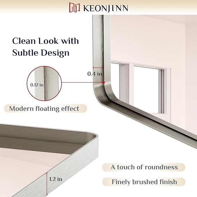 Keonjinn 22 x 30 Brushed Nickel Bathroom Mirrors for Over Sink, Rounded Rectangle Bathroom Vanity Mirror, Brushed Silver Framed Farmhouse Mirror, HD Tempered Glass Wall Mirror(Horizontal/Vertical)