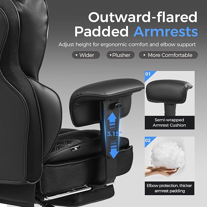 GTRACING Big and Tall Gaming Chair 400lbs Heavy Duty Office Chair with Foot Rest & High Back Pocket Spring Lumbar Support, Ergonomic Wide Comfy Seated Cushion for for Lower Back Pain Relief, Black