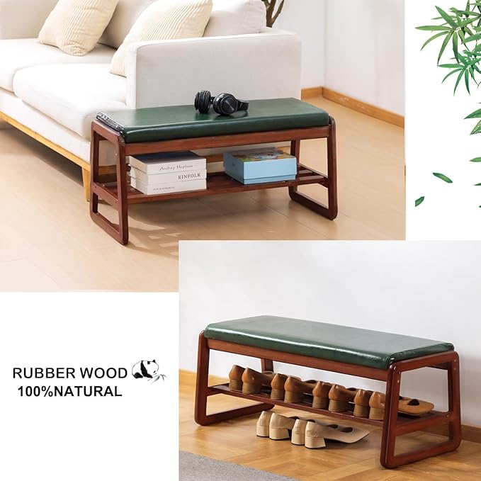 latifolia Solid Wood Bench, Entryway Shoe Bench with Cushion, 2 Tier Shoe Storage Organizer for Hallway, Living Room(Green,39.70''L)