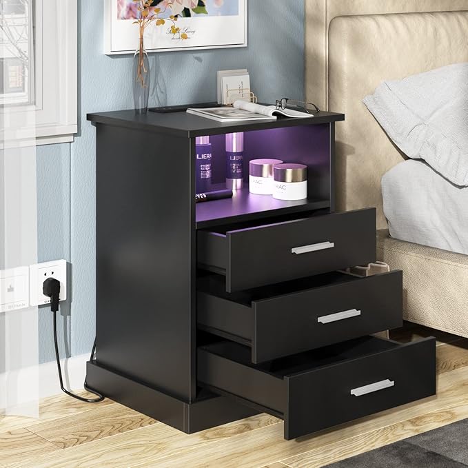 Black LED Nightstand with Charging Station, Side Table with 3 Drawers and Light, End Table with Open Storage, Beside Cabinet for Bedroom (Black 2 Set)