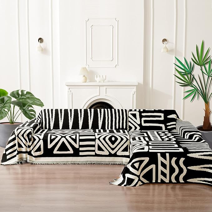 HANDONTIME Boho Sofa Covers for Dogs Black Couch Sofa Covers for 3 Cushion Couch Sofa Beige Chenille Sofa Slipcover Washable Sectional l Shaped Covers Pets Protector Furniture Covers 71" X118"