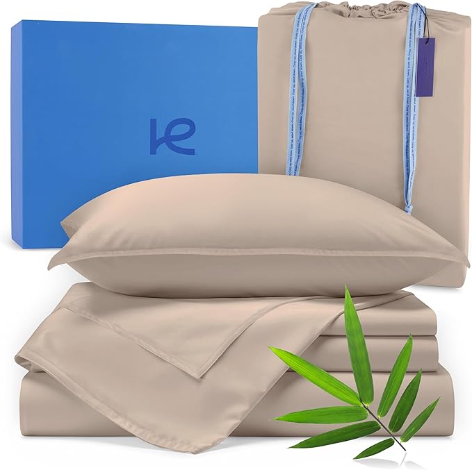 Kickoff Viscose Bamboo Sheets Twin Size 3-pc 100% Organic Bamboo Viscose Bed Cooling Sheets Twin Size Set Cool Bedding for hot Sleepers Sheet, Flat, Fitted, Pillowcase (Iced Latte, T)