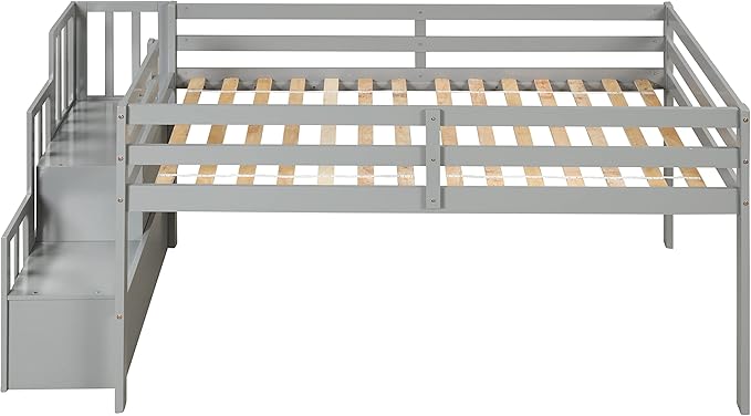 HomSof Loft Bed with Stairs and Storage,Gray